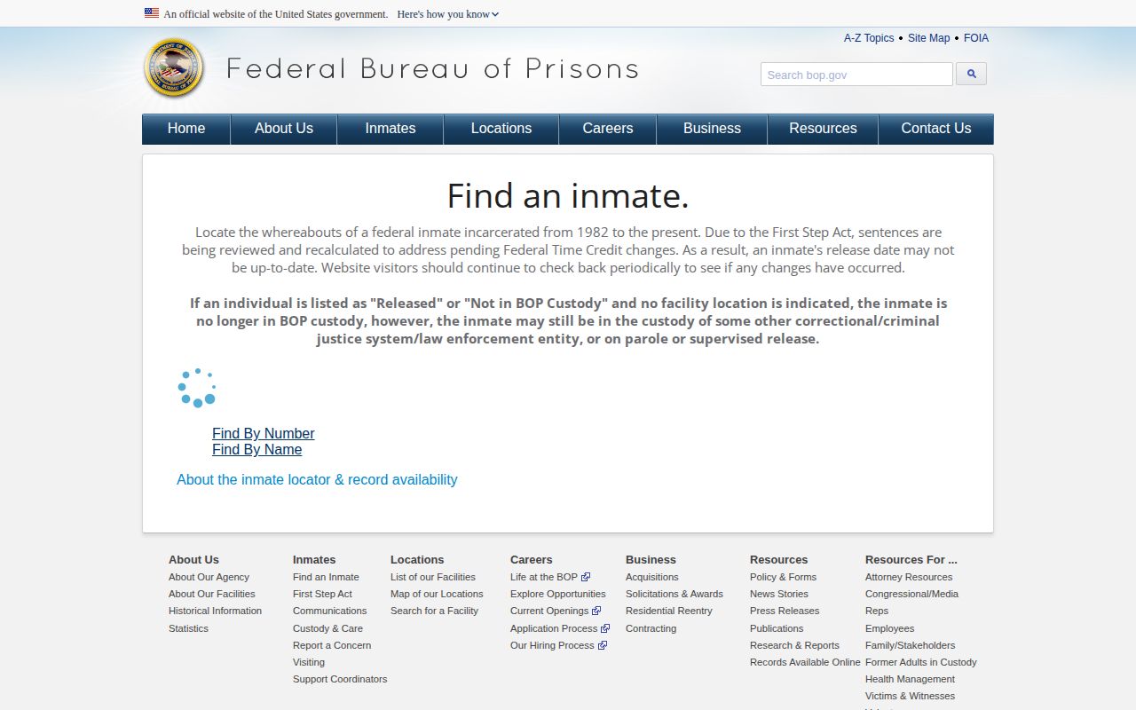 Federal BOP inmate locator for a Calhoun County federal release