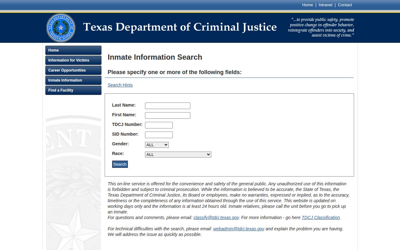TDCJ offender search for Calhoun County state prison release checks